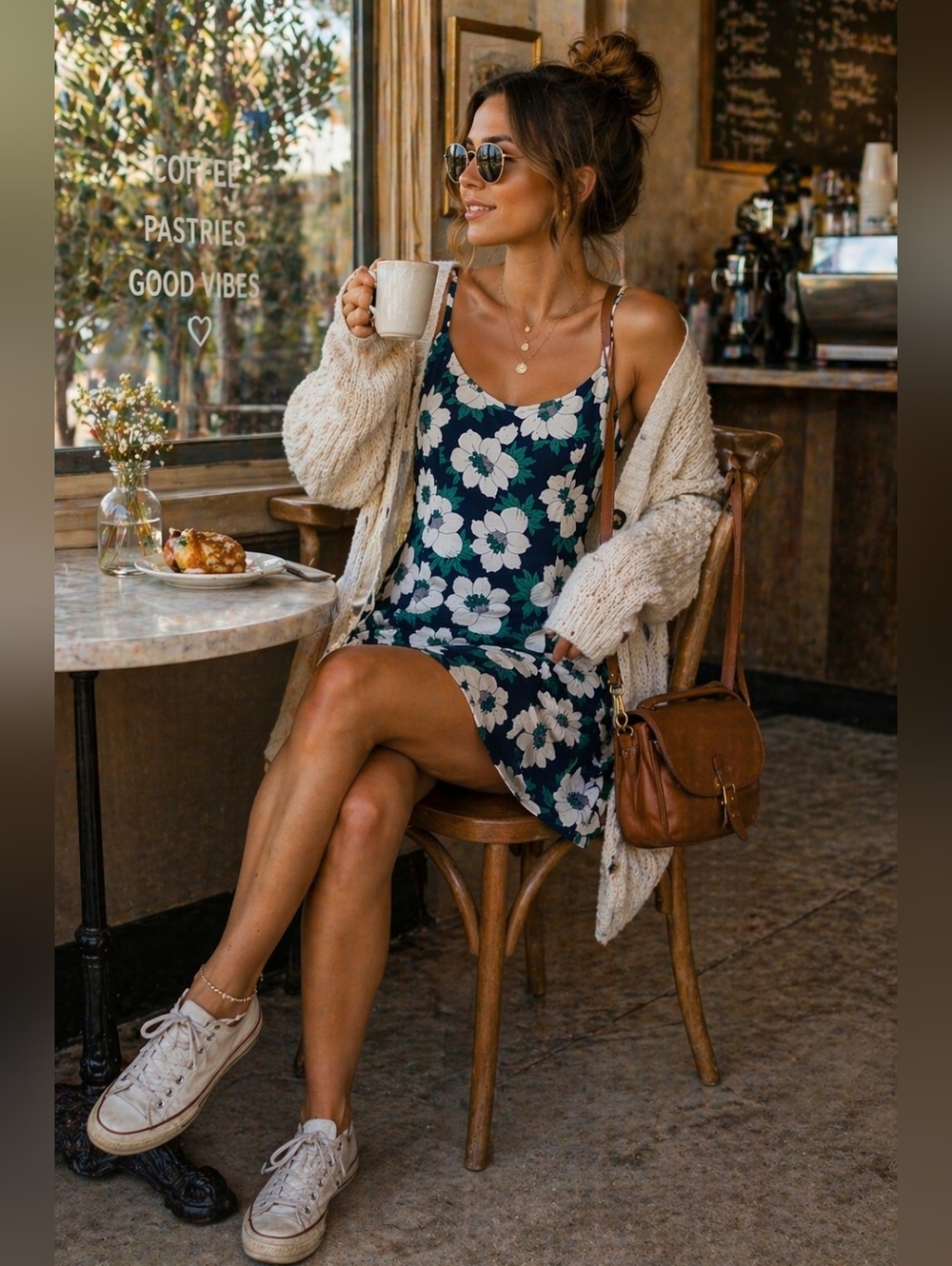 Navy Floral Tie Strap Mini Dress Small 90s Aesthetic - Picture 4 of 11